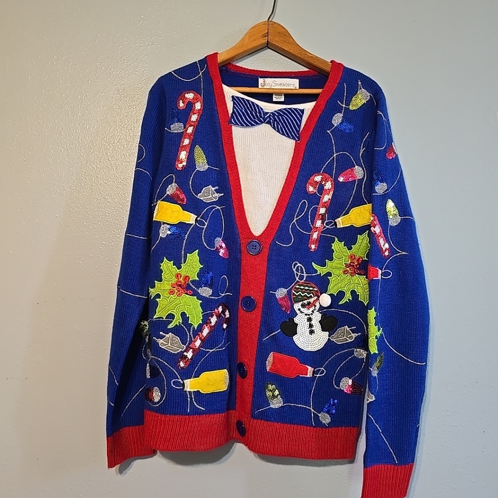 NWT Ugly Christmas Sweater Sz Sm Festive Blue Holiday Sweater with Red Accents
